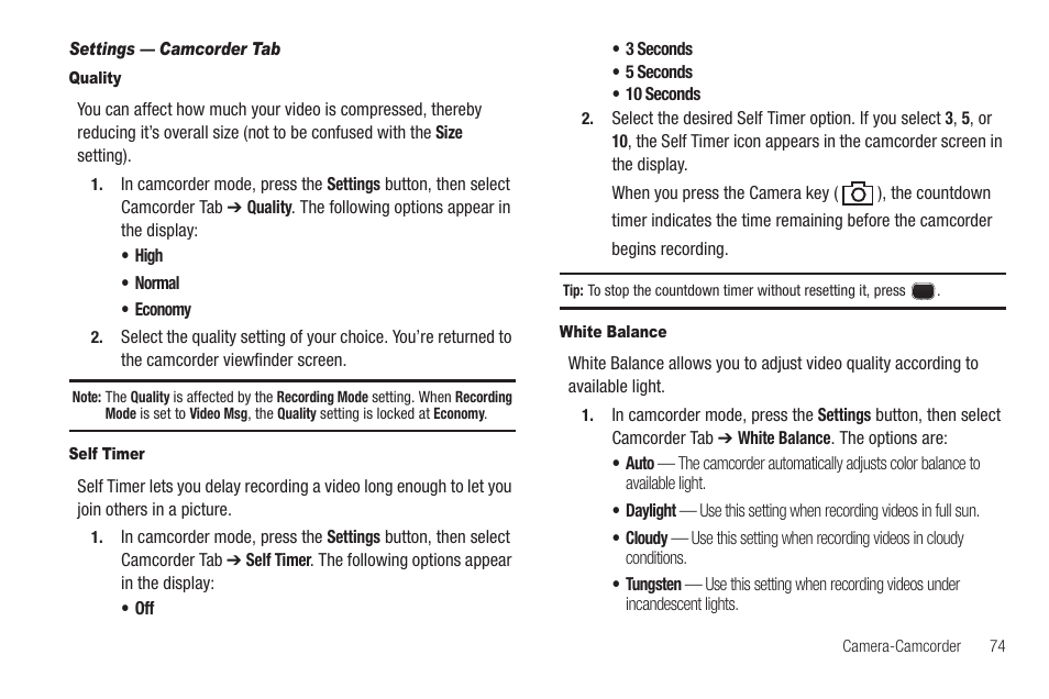 Settings — camcorder tab, Quality, Self timer | White balance | Sharp SCH-R850 User Manual | Page 77 / 162