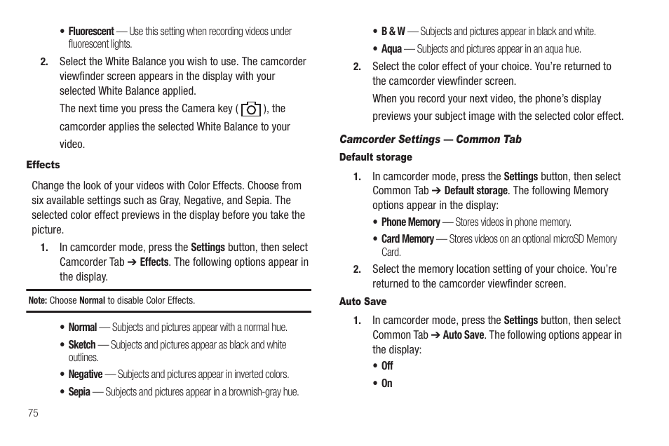 Effects, Camcorder settings — common tab, Default storage | Auto save | Sharp SCH-R850 User Manual | Page 78 / 162