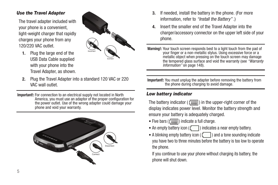 Use the travel adapter, Low battery indicator | Sharp SCH-R850 User Manual | Page 8 / 162