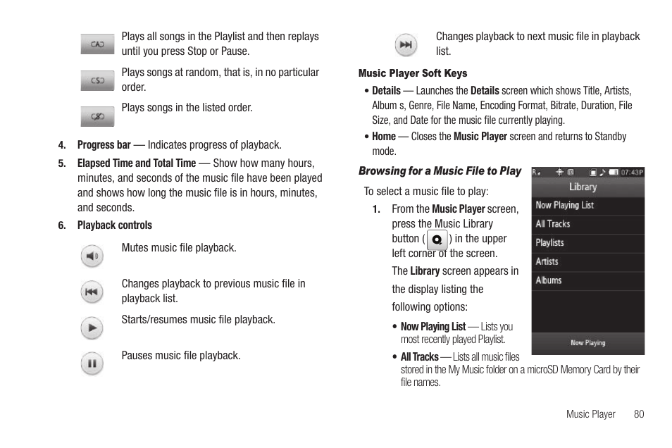 Music player soft keys, Browsing for a music file to play | Sharp SCH-R850 User Manual | Page 83 / 162