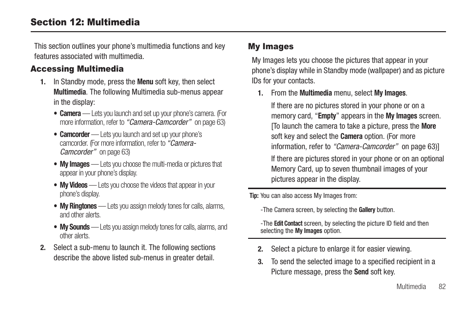 Section 12: multimedia, Accessing multimedia, My images | Accessing multimedia my images | Sharp SCH-R850 User Manual | Page 85 / 162