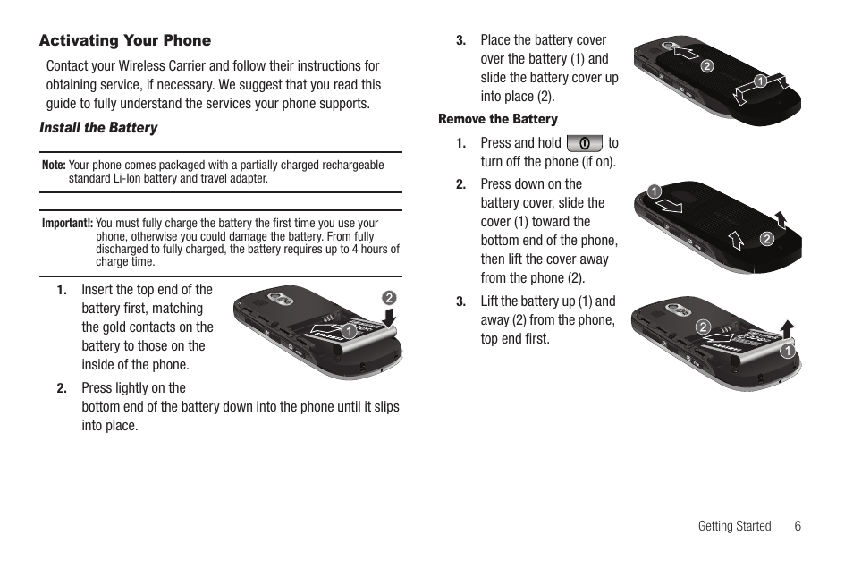 Activating your phone, Install the battery, Remove the battery | Sharp SCH-R850 User Manual | Page 9 / 162