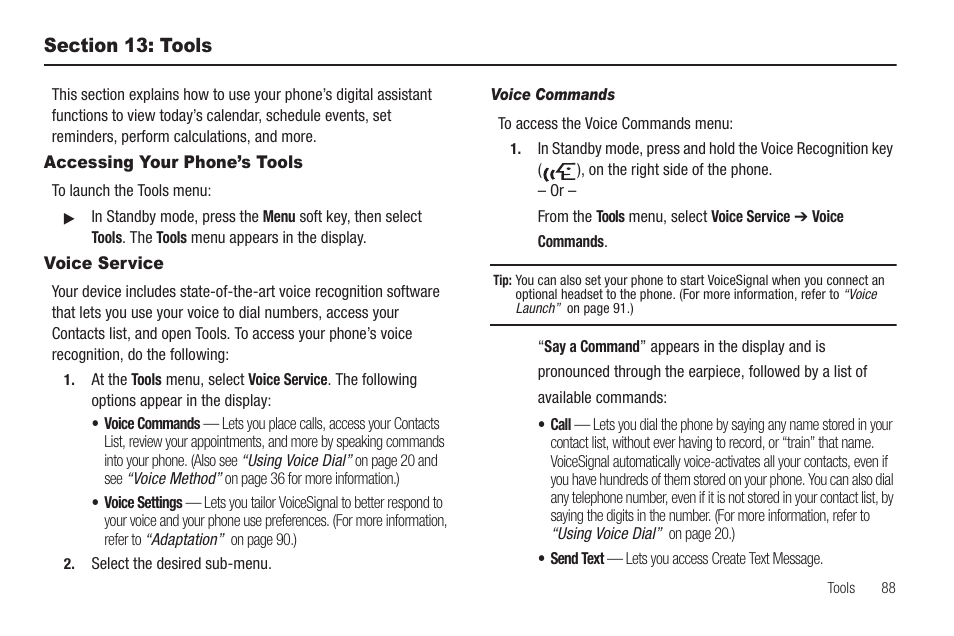 Section 13: tools, Accessing your phone’s tools, Voice service | Voice commands, Accessing your phone’s tools voice service | Sharp SCH-R850 User Manual | Page 91 / 162