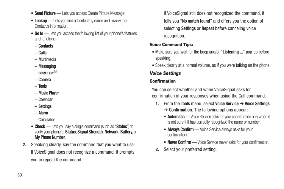 Voice command tips, Voice settings, Confirmation | Sharp SCH-R850 User Manual | Page 92 / 162