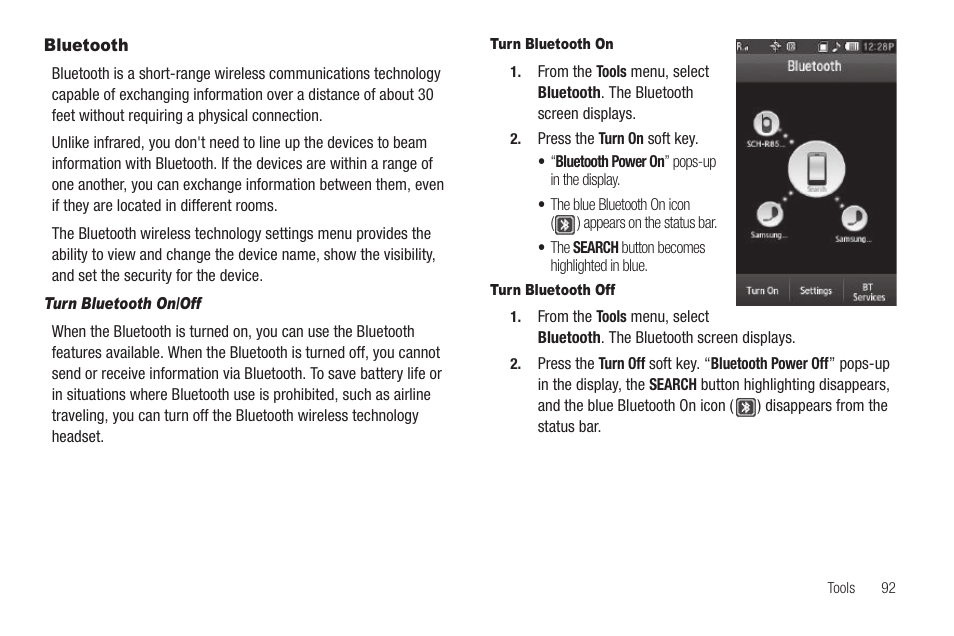 Bluetooth, Turn bluetooth on/off, Turn bluetooth on | Turn bluetooth off | Sharp SCH-R850 User Manual | Page 95 / 162
