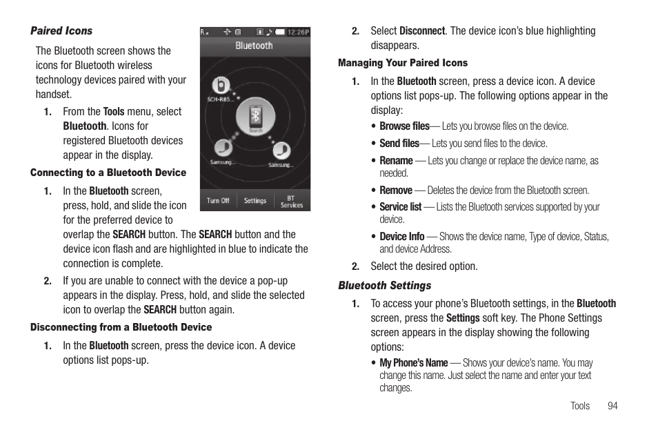 Paired icons, Connecting to a bluetooth device, Disconnecting from a bluetooth device | Managing your paired icons, Bluetooth settings | Sharp SCH-R850 User Manual | Page 97 / 162