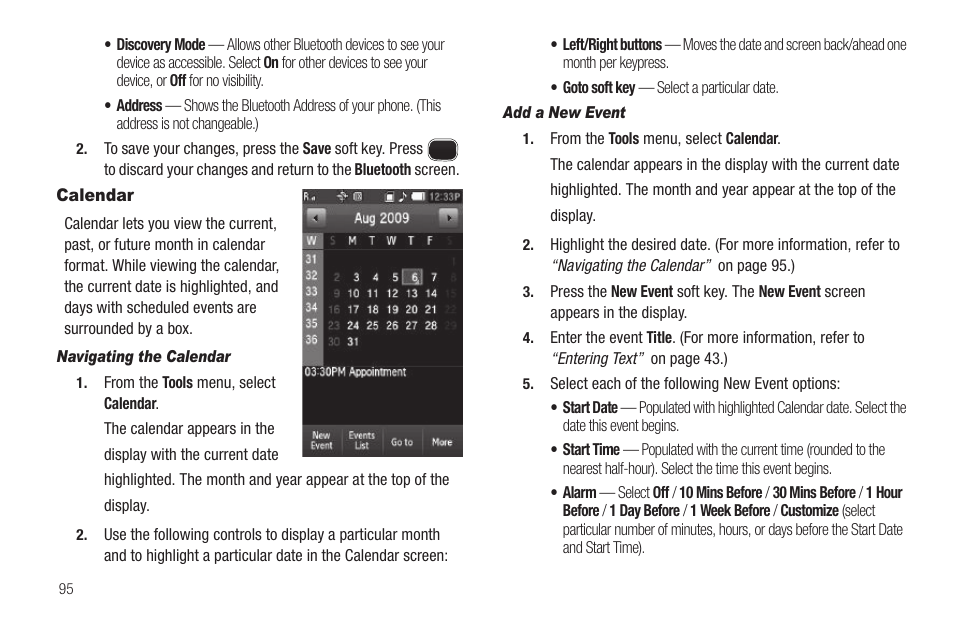 Calendar, Navigating the calendar, Add a new event | Sharp SCH-R850 User Manual | Page 98 / 162