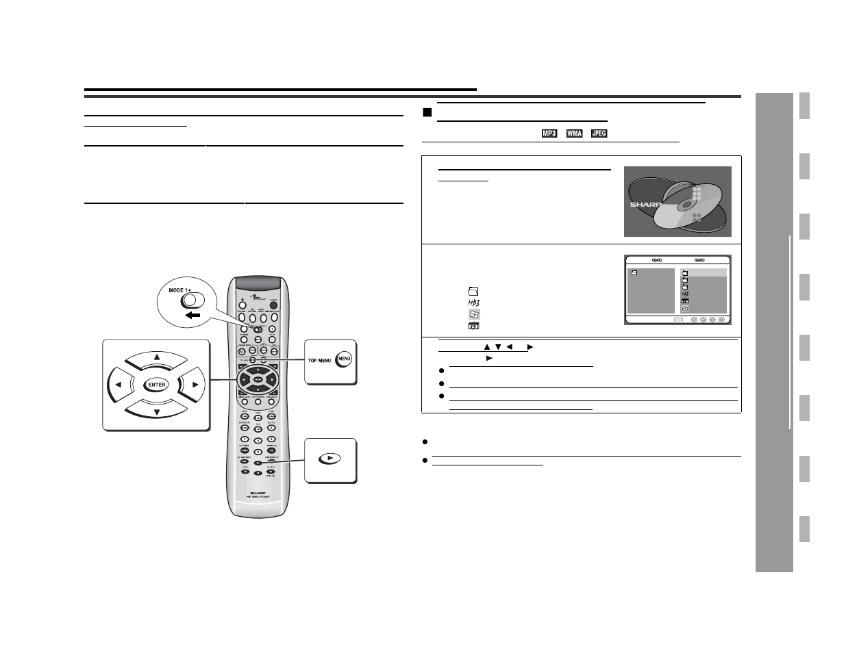 Mp3/wma and jpeg disc operation, Cd , cd-r and cd-r w operation, Playback on the mp3/wma and jpeg menu screen | Sharp SD-AS10 User Manual | Page 35 / 64