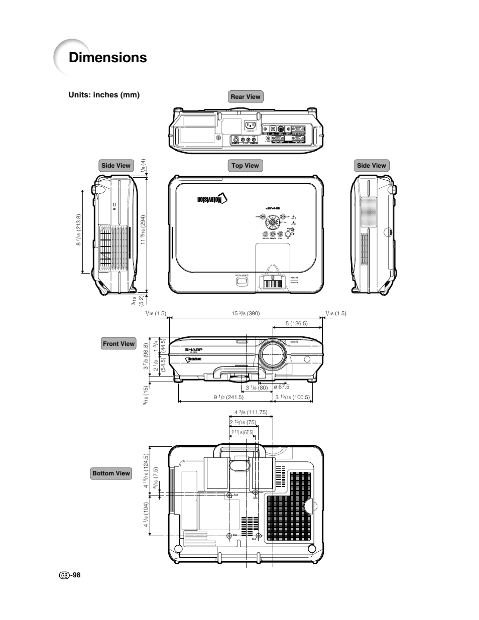 Dimensions, Units: inches (mm) | Sharp XG-C50X User Manual | Page 100 / 104
