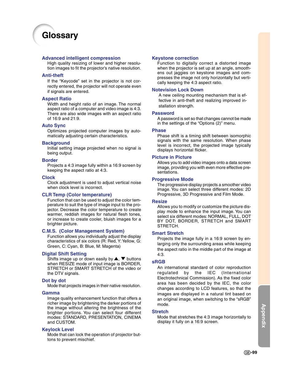 Glossary | Sharp XG-C50X User Manual | Page 101 / 104