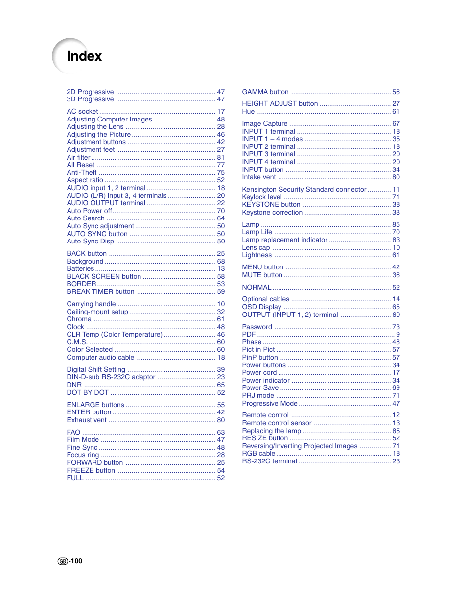 Index | Sharp XG-C50X User Manual | Page 102 / 104