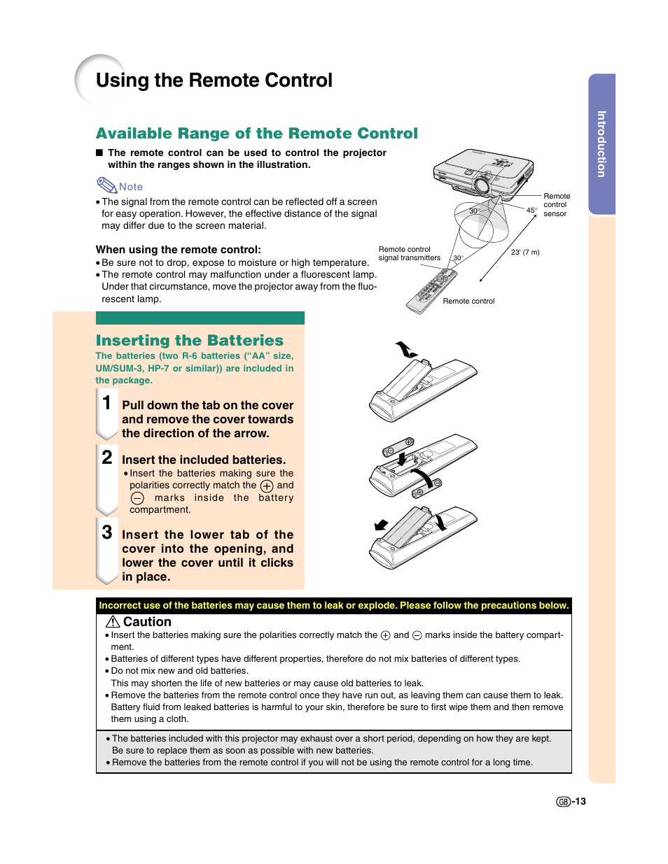 Using the remote control, Inserting the batteries, Available range of the remote control | Sharp XG-C50X User Manual | Page 15 / 104