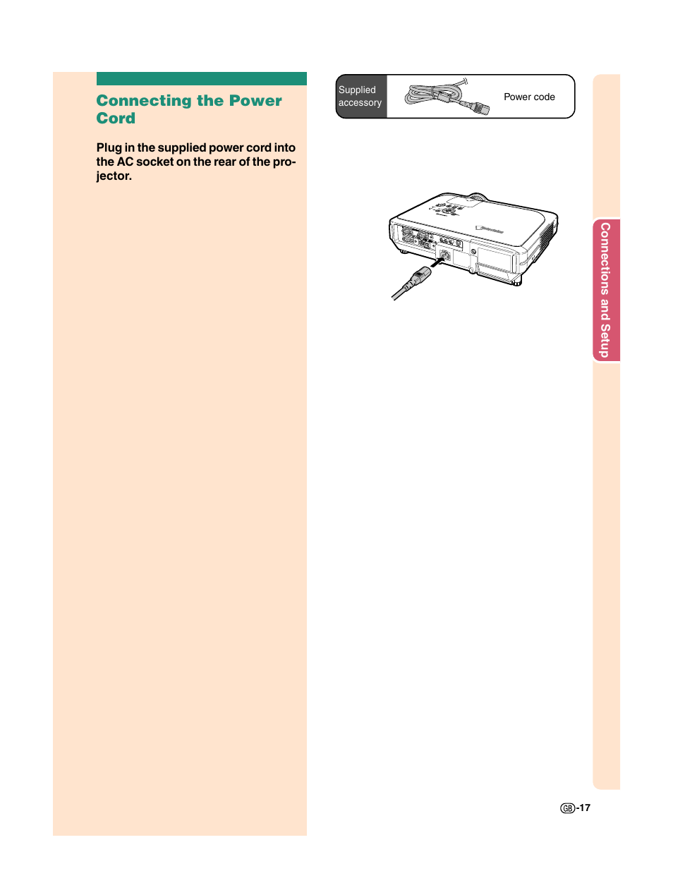 Connecting the power cord | Sharp XG-C50X User Manual | Page 19 / 104