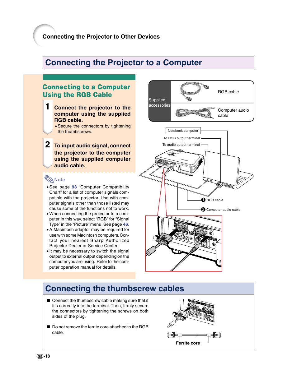 Connecting to a computer using the rgb cable | Sharp XG-C50X User Manual | Page 20 / 104