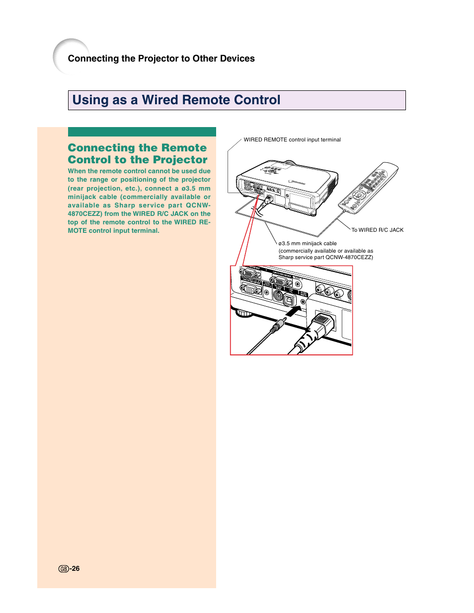 Using as a wired remote control, Connecting the remote control to the projector | Sharp XG-C50X User Manual | Page 28 / 104