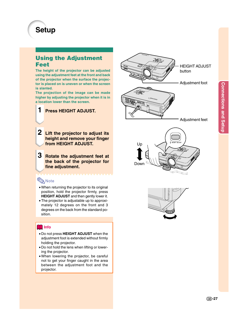 Setup, Using the adjustment feet | Sharp XG-C50X User Manual | Page 29 / 104