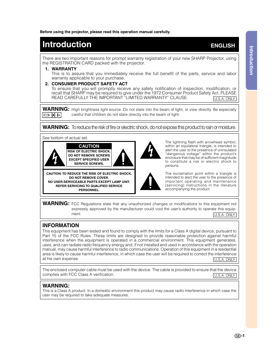 Introduction, English | Sharp XG-C50X User Manual | Page 3 / 104