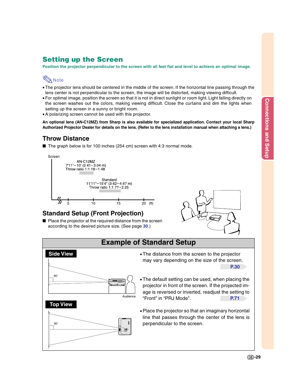 Example of standard setup, Setting up the screen, Throw distance | Standard setup (front projection) | Sharp XG-C50X User Manual | Page 31 / 104