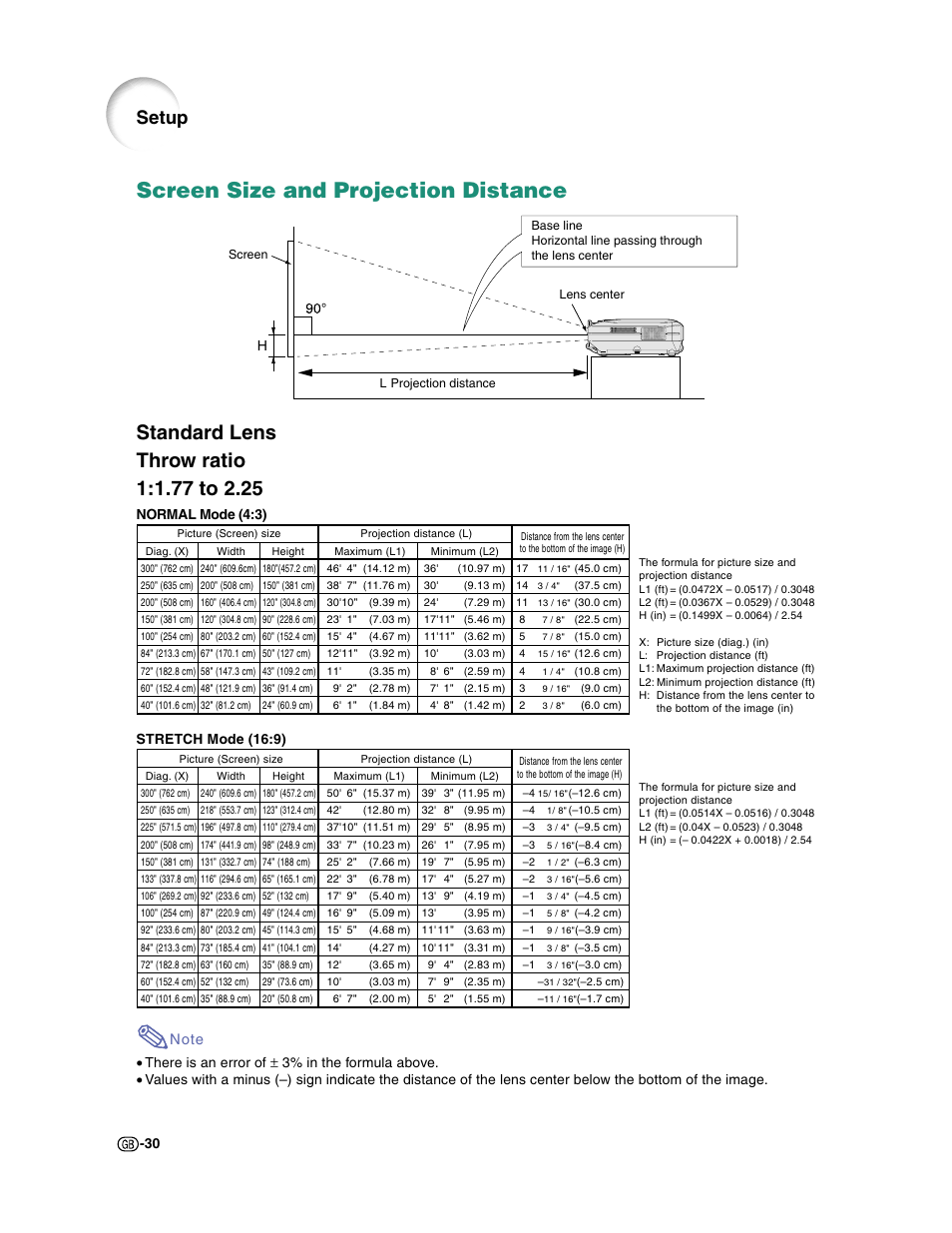 Screen size and projection distance, Setup, 30 h | Stretch mode (16:9), Normal mode (4:3) | Sharp XG-C50X User Manual | Page 32 / 104