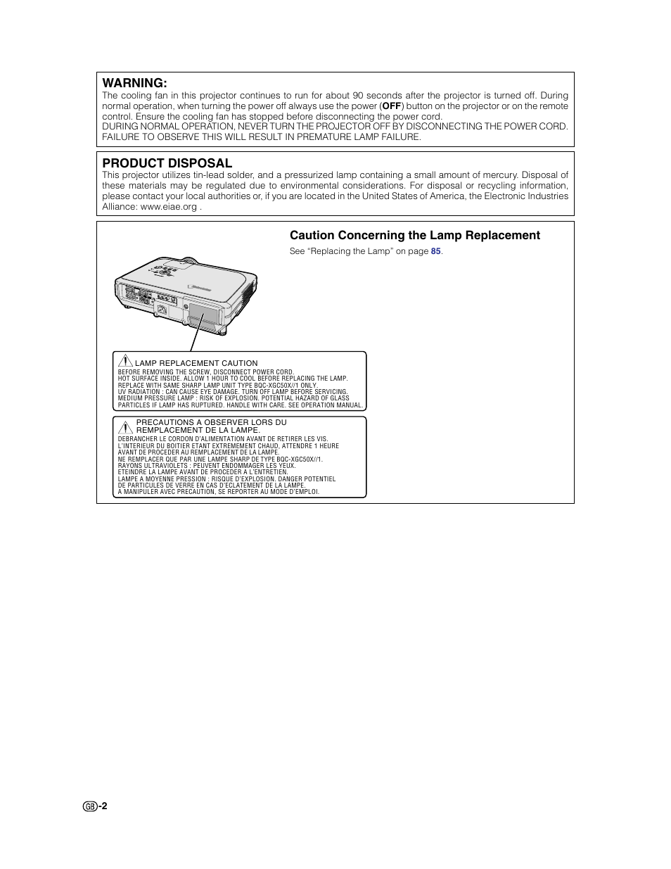 Warning, Caution concerning the lamp replacement, Product disposal | Sharp XG-C50X User Manual | Page 4 / 104