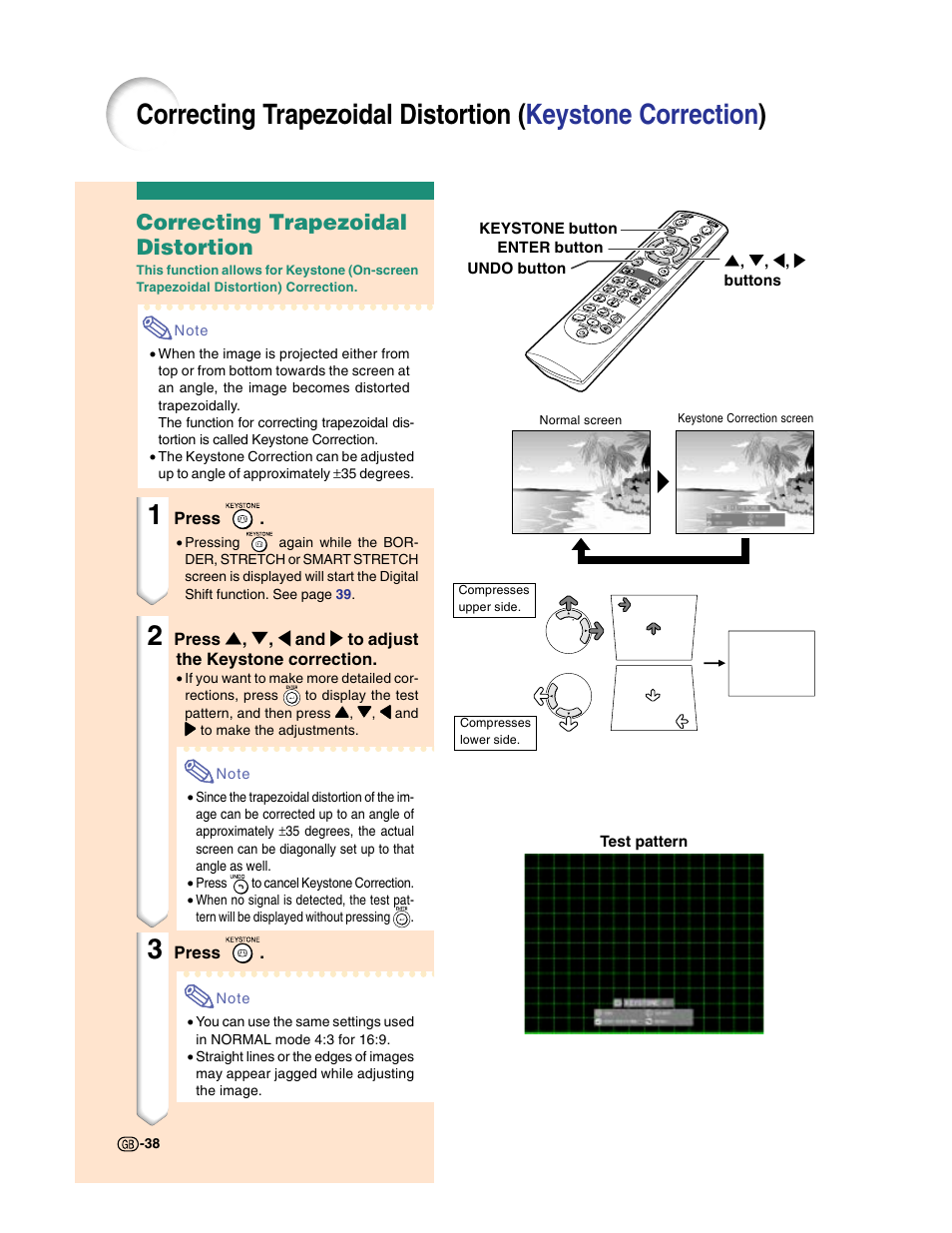 Correcting trapezoidal distortion | Sharp XG-C50X User Manual | Page 40 / 104