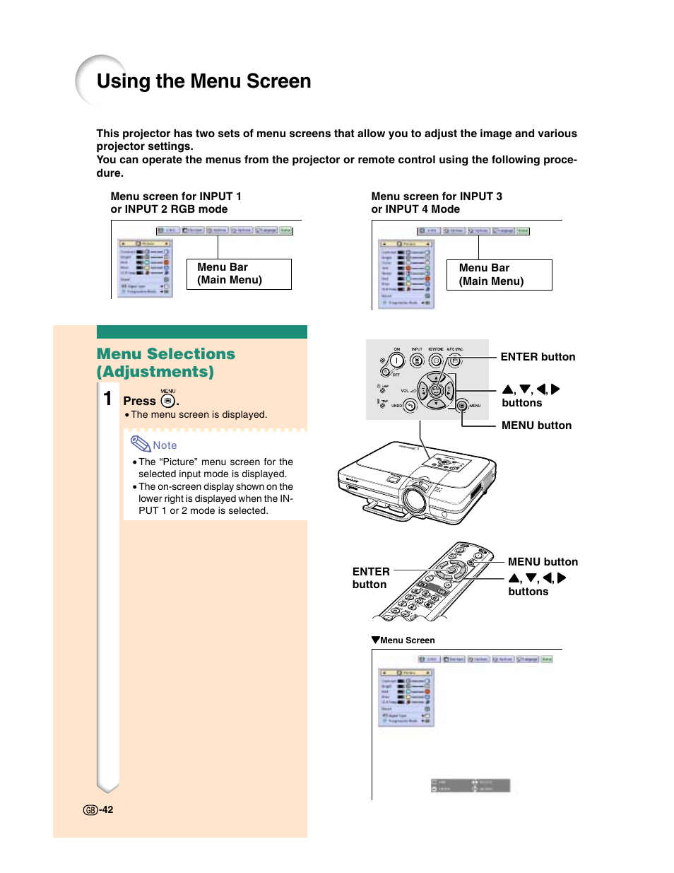 Using the menu screen, Menu selections (adjustments) | Sharp XG-C50X User Manual | Page 44 / 104