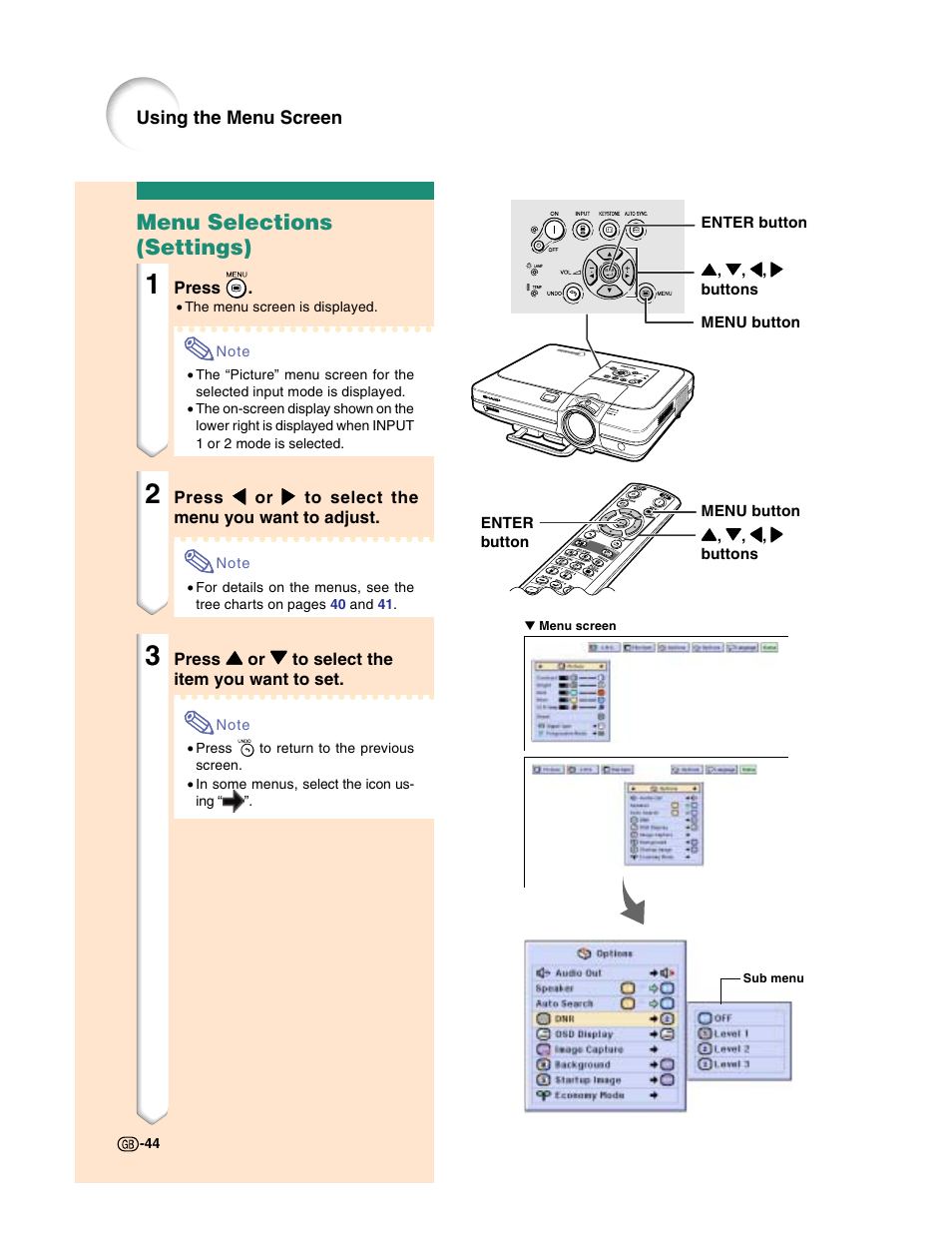 Menu selections (settings) | Sharp XG-C50X User Manual | Page 46 / 104
