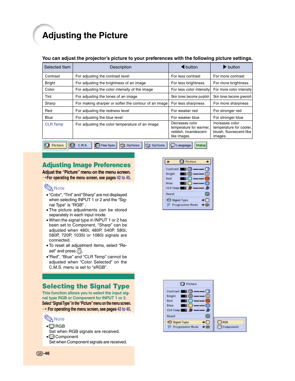 Adjusting the picture, Adjusting image preferences, Selecting the signal type | Sharp XG-C50X User Manual | Page 48 / 104