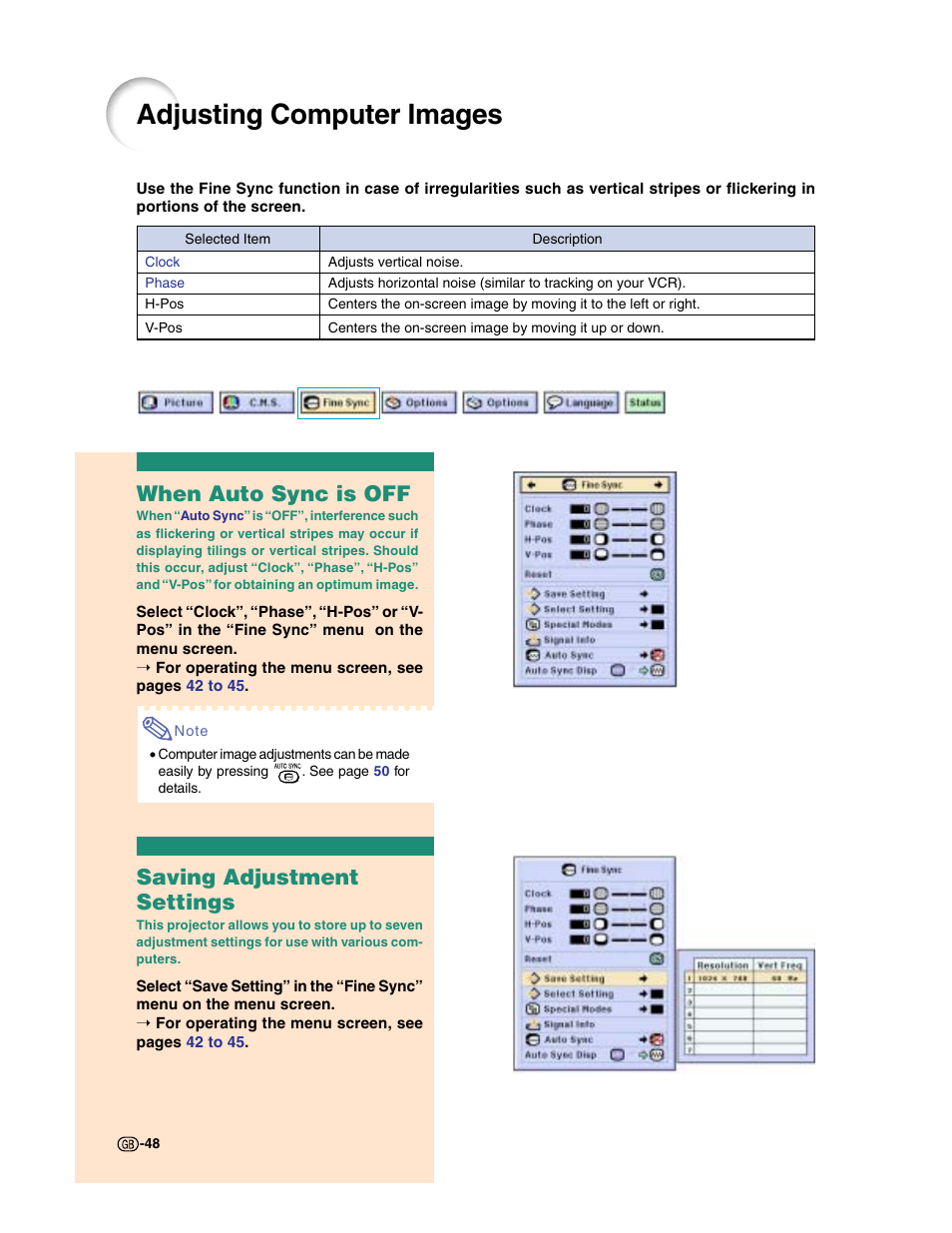 Adjusting computer images, When auto sync is off, Saving adjustment settings | Sharp XG-C50X User Manual | Page 50 / 104