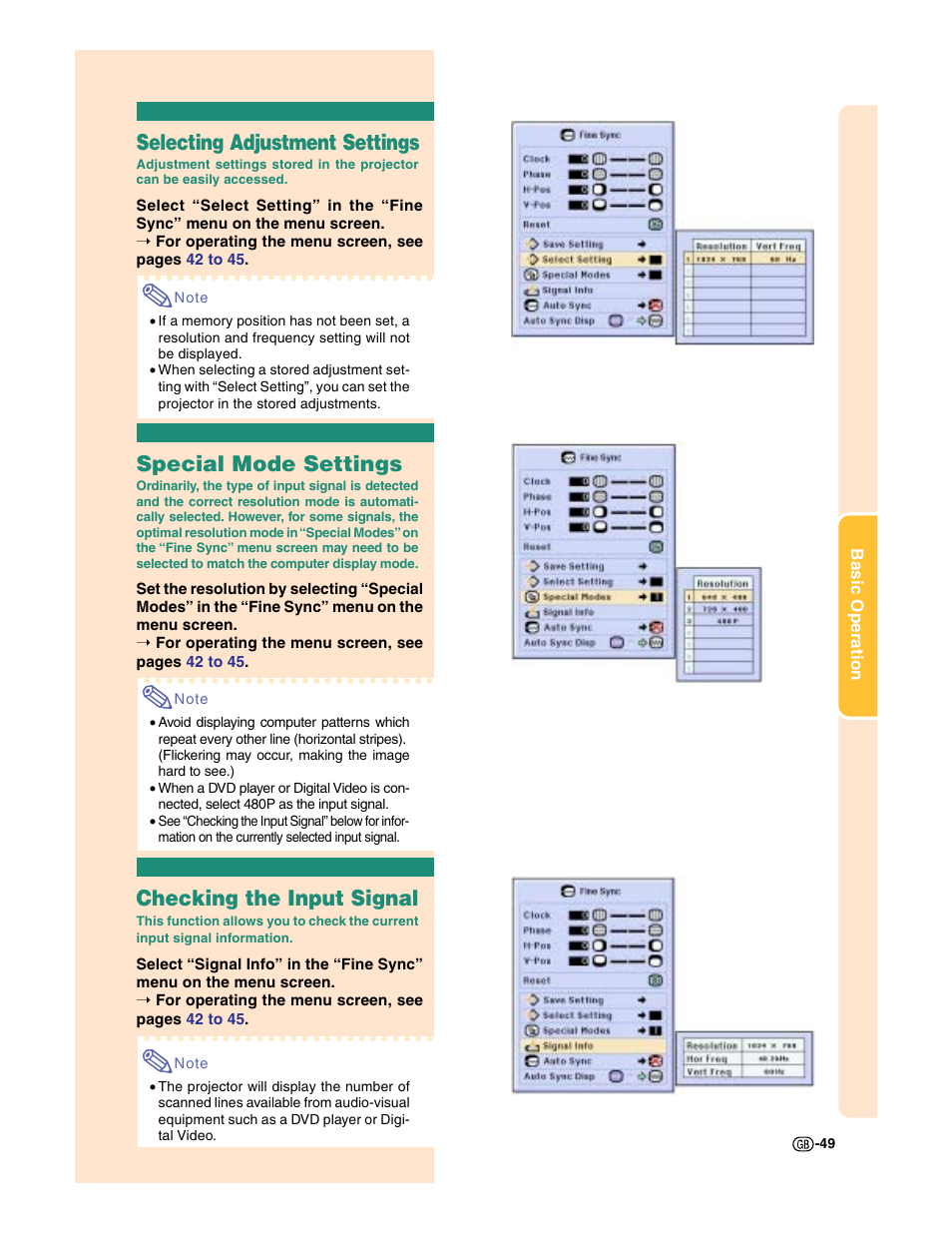 Selecting adjustment settings, Special mode settings, Checking the input signal | Sharp XG-C50X User Manual | Page 51 / 104