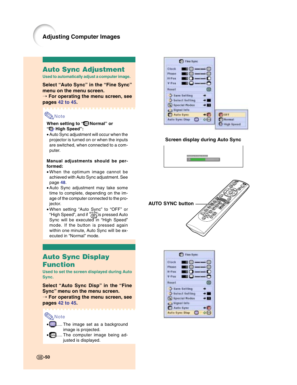 Auto sync adjustment, Auto sync display function | Sharp XG-C50X User Manual | Page 52 / 104