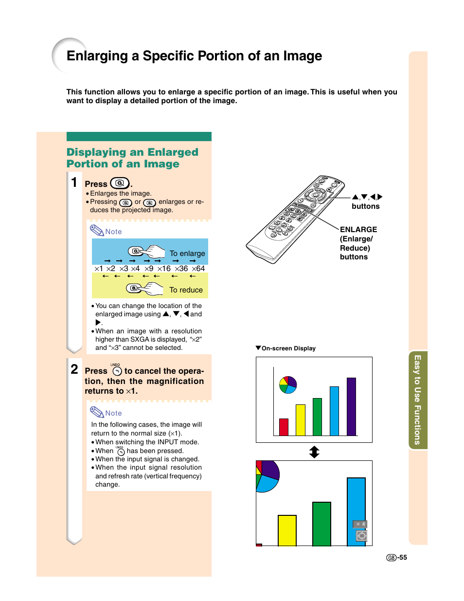 Enlarging a specific portion of an image, Displaying an enlarged portion of an image | Sharp XG-C50X User Manual | Page 57 / 104