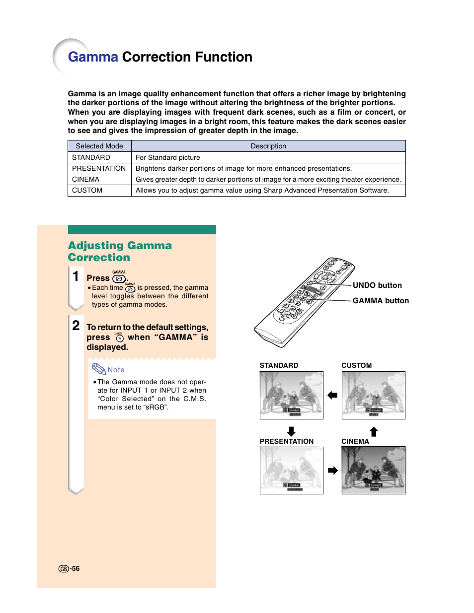 Gamma correction function, Adjusting gamma correction | Sharp XG-C50X User Manual | Page 58 / 104