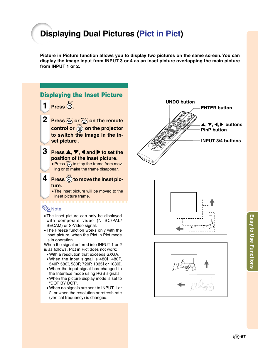 Displaying dual pictures ( pict in pict ), Displaying the inset picture | Sharp XG-C50X User Manual | Page 59 / 104
