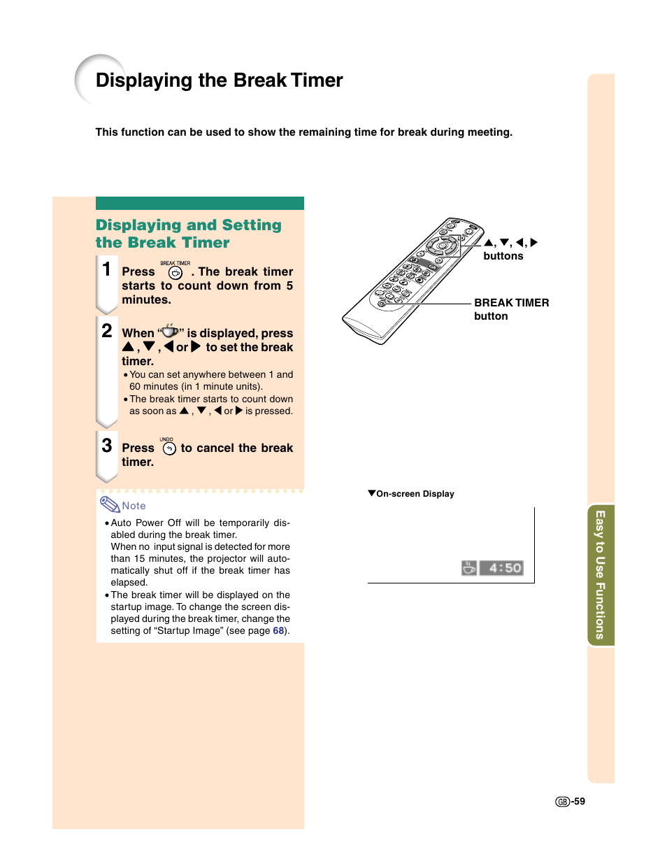 Displaying the break timer, Displaying and setting the break timer | Sharp XG-C50X User Manual | Page 61 / 104