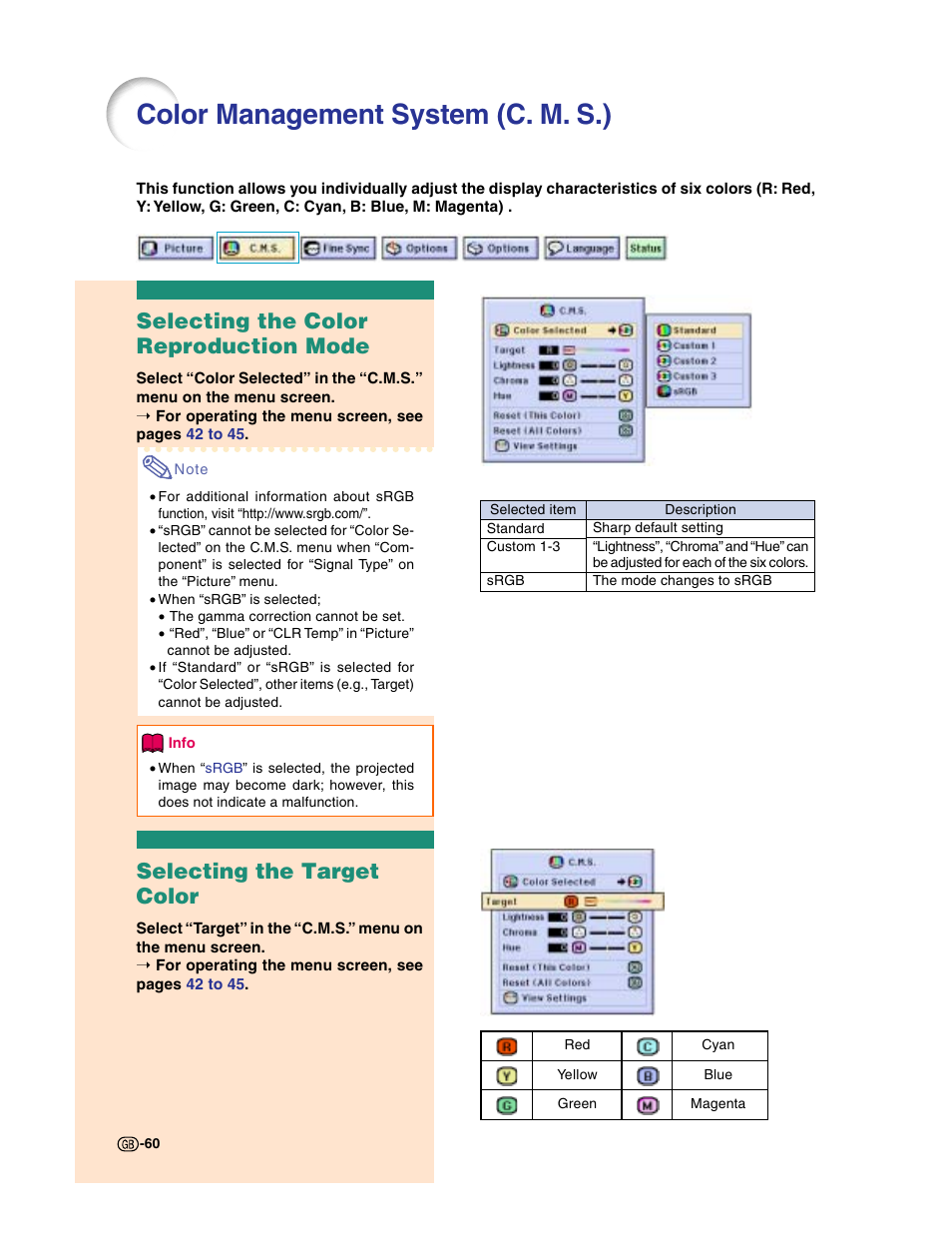 Color management system (c. m. s.), Selecting the color reproduction mode, Selecting the target color | Sharp XG-C50X User Manual | Page 62 / 104