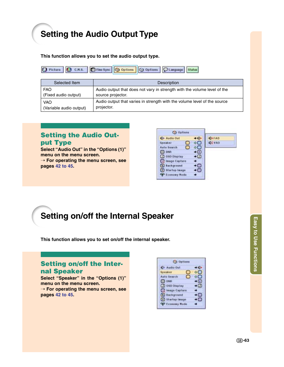 Setting on/off the internal speaker, Setting the audio output type, Setting the audio out- put type | Setting on/off the inter- nal speaker | Sharp XG-C50X User Manual | Page 65 / 104