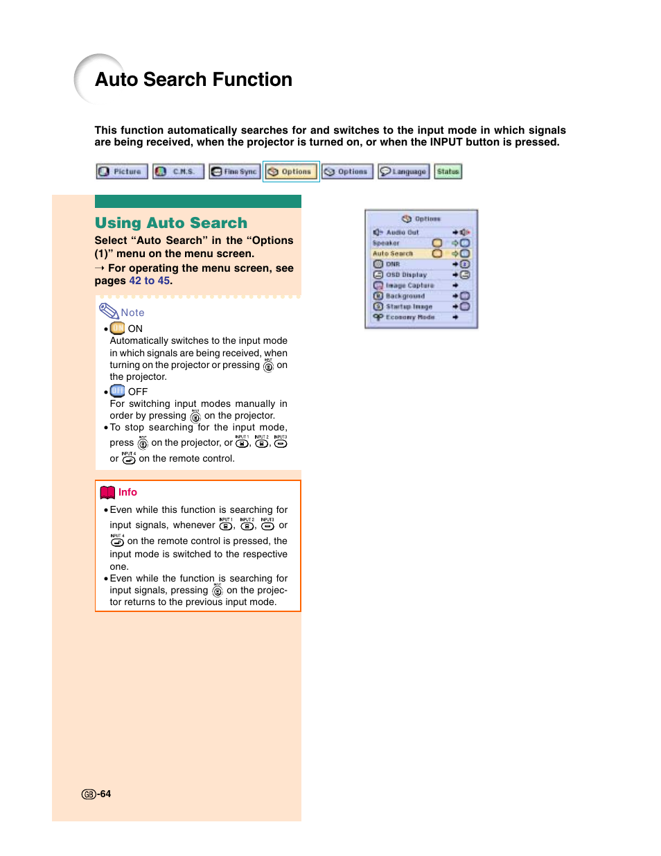Auto search function, Using auto search | Sharp XG-C50X User Manual | Page 66 / 104