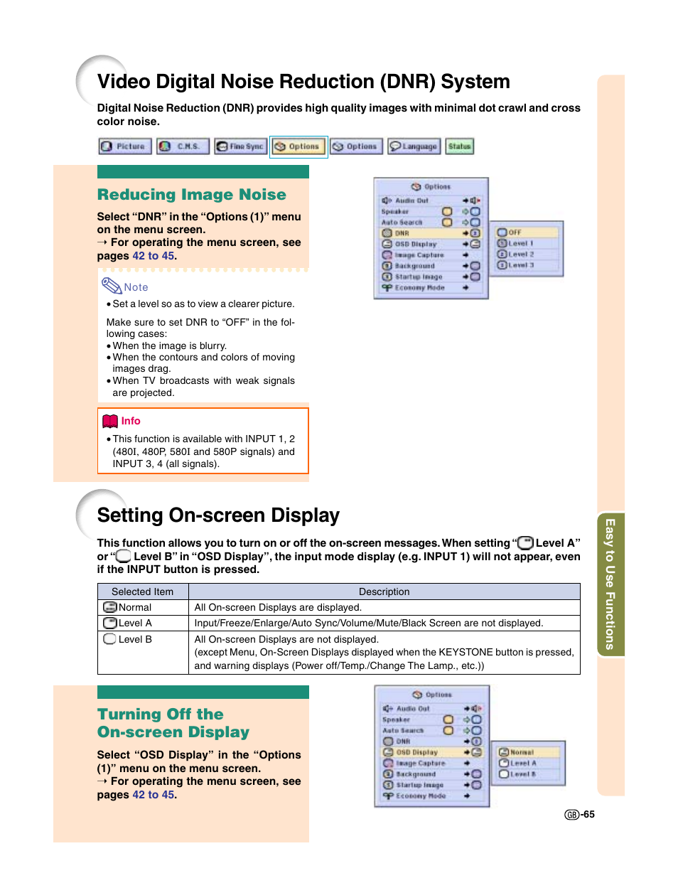 Video digital noise reduction (dnr) system, Setting on-screen display, Reducing image noise | Turning off the on-screen display | Sharp XG-C50X User Manual | Page 67 / 104