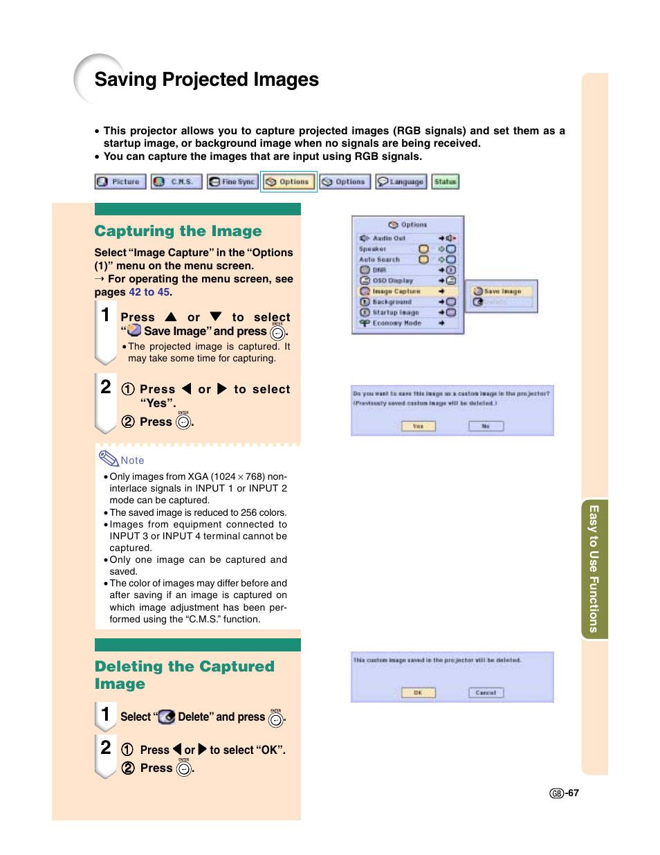 Saving projected images, Capturing the image, Deleting the captured image | Sharp XG-C50X User Manual | Page 69 / 104