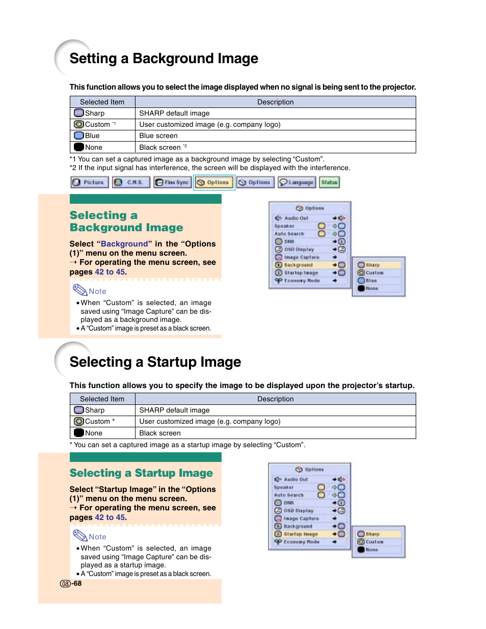 Setting a background image, Selecting a startup image, Selecting a background image | Sharp XG-C50X User Manual | Page 70 / 104