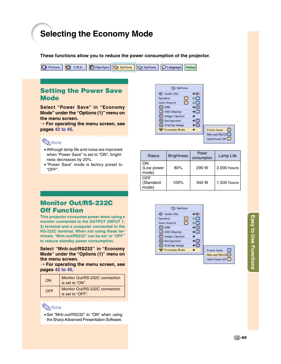 Selecting the economy mode, Setting the power save mode, Monitor out/rs-232c off function | Sharp XG-C50X User Manual | Page 71 / 104