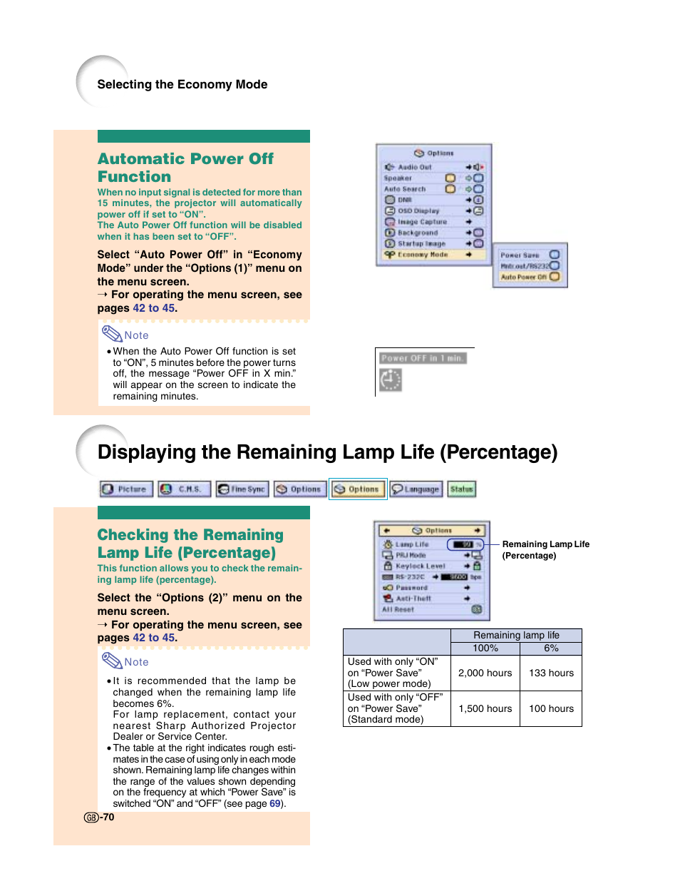 Displaying the remaining lamp life (percentage), Checking the remaining lamp life (percentage), Automatic power off function | Sharp XG-C50X User Manual | Page 72 / 104