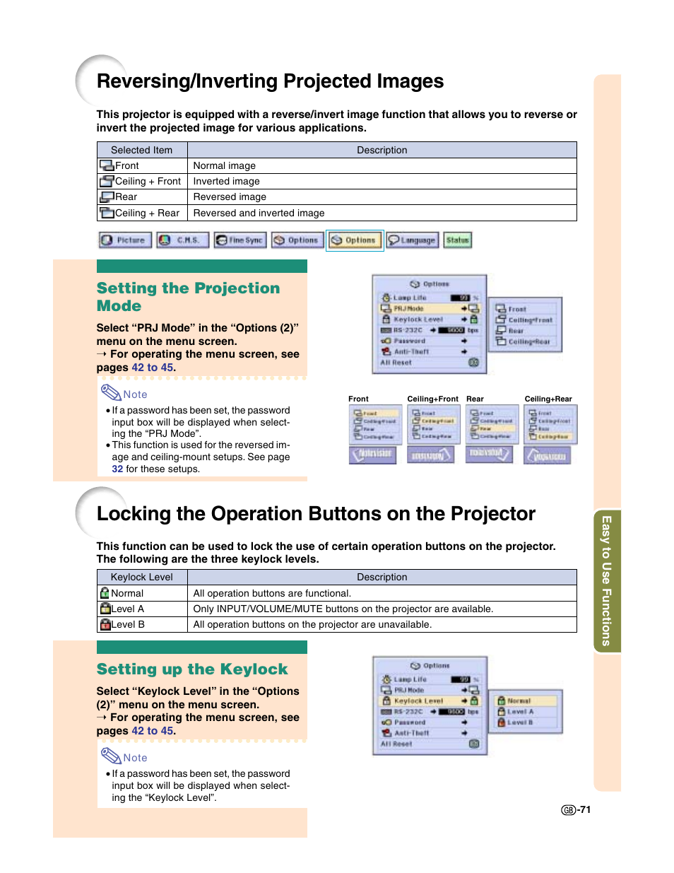 Reversing/inverting projected images, Locking the operation buttons on the projector, Setting the projection mode | Setting up the keylock | Sharp XG-C50X User Manual | Page 73 / 104