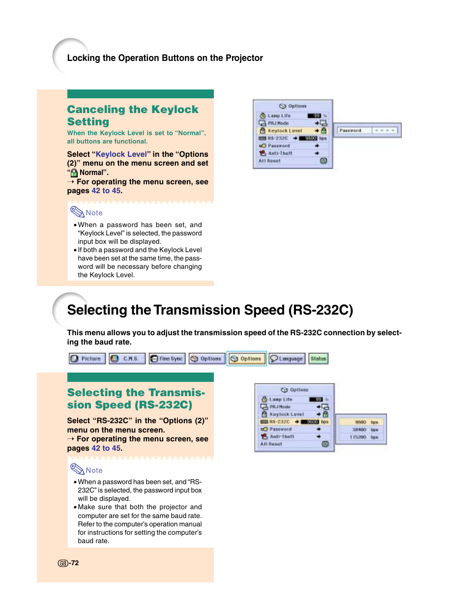 Selecting the transmission speed (rs-232c), Canceling the keylock setting, Selecting the transmis- sion speed (rs-232c) | Sharp XG-C50X User Manual | Page 74 / 104