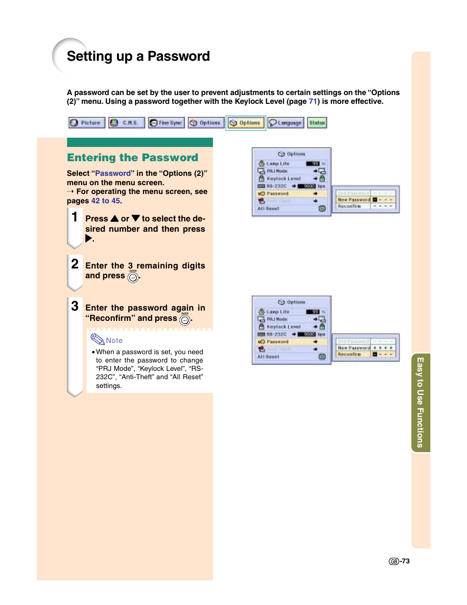 Setting up a password, Entering the password | Sharp XG-C50X User Manual | Page 75 / 104