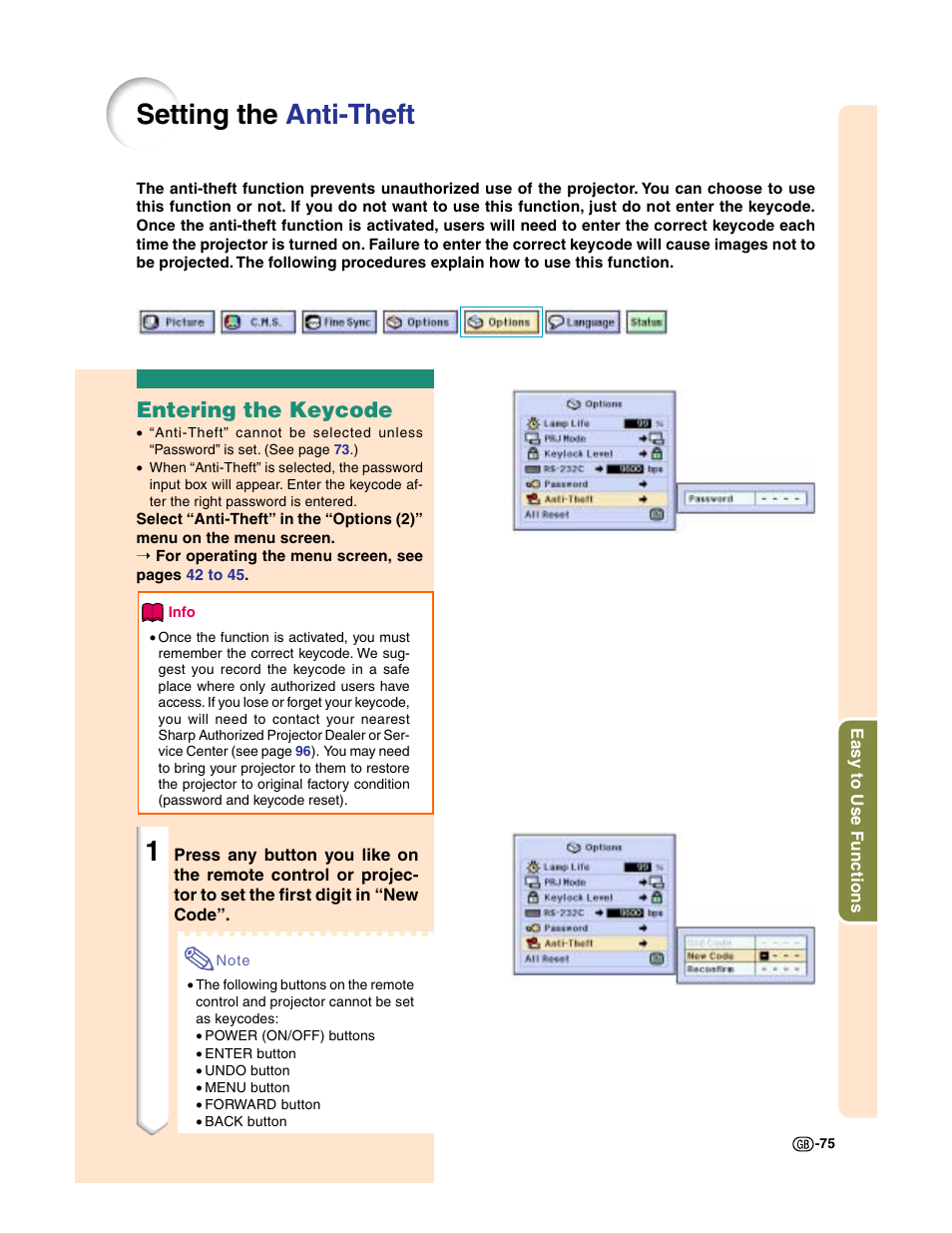 Setting the anti-theft, Entering the keycode | Sharp XG-C50X User Manual | Page 77 / 104