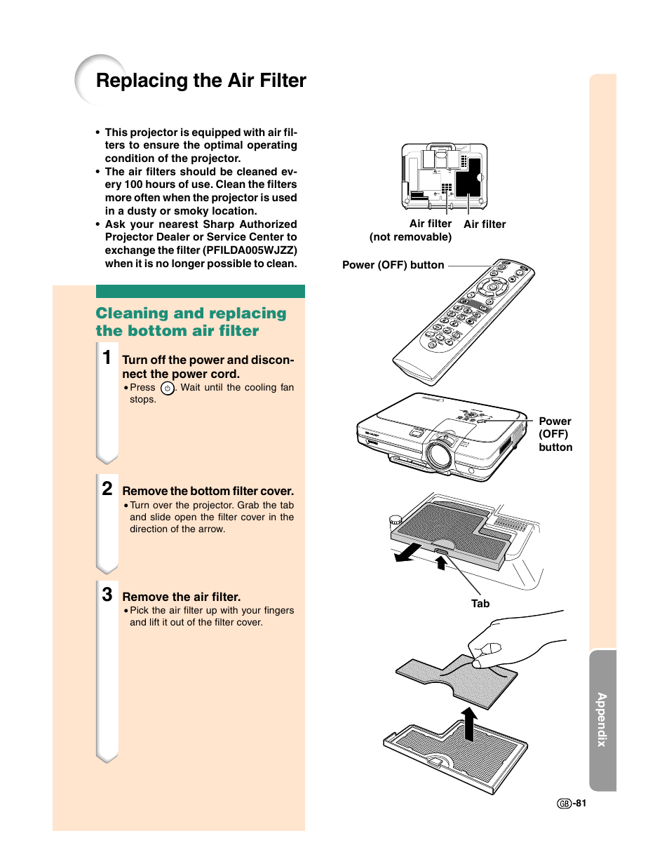 Replacing the air filter, Cleaning and replacing the bottom air filter | Sharp XG-C50X User Manual | Page 83 / 104