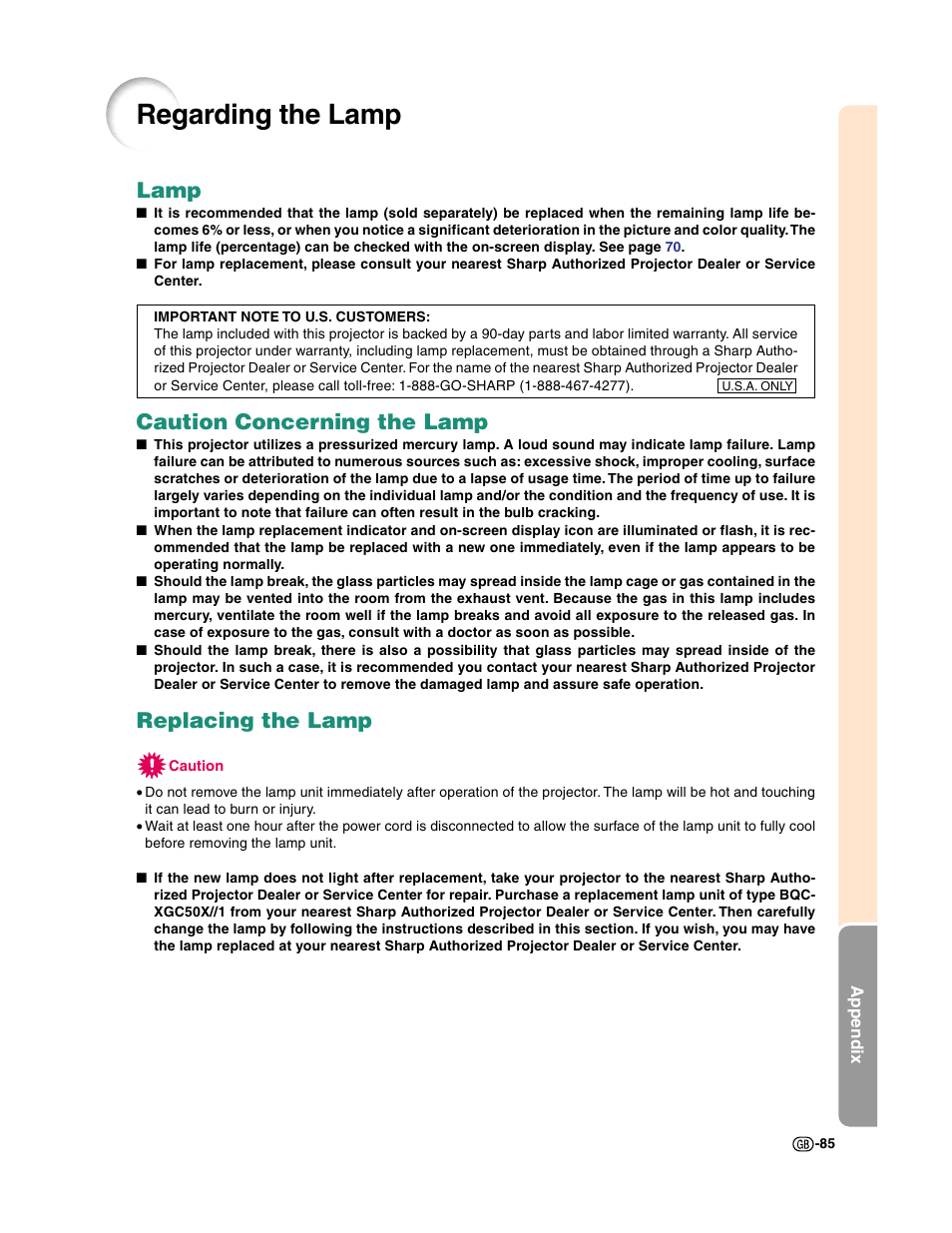 Regarding the lamp, Lamp, Caution concerning the lamp | Replacing the lamp | Sharp XG-C50X User Manual | Page 87 / 104