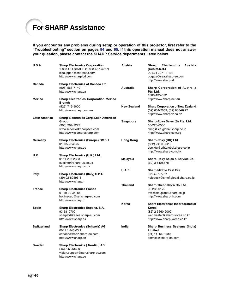 For sharp assistance | Sharp XG-C50X User Manual | Page 98 / 104